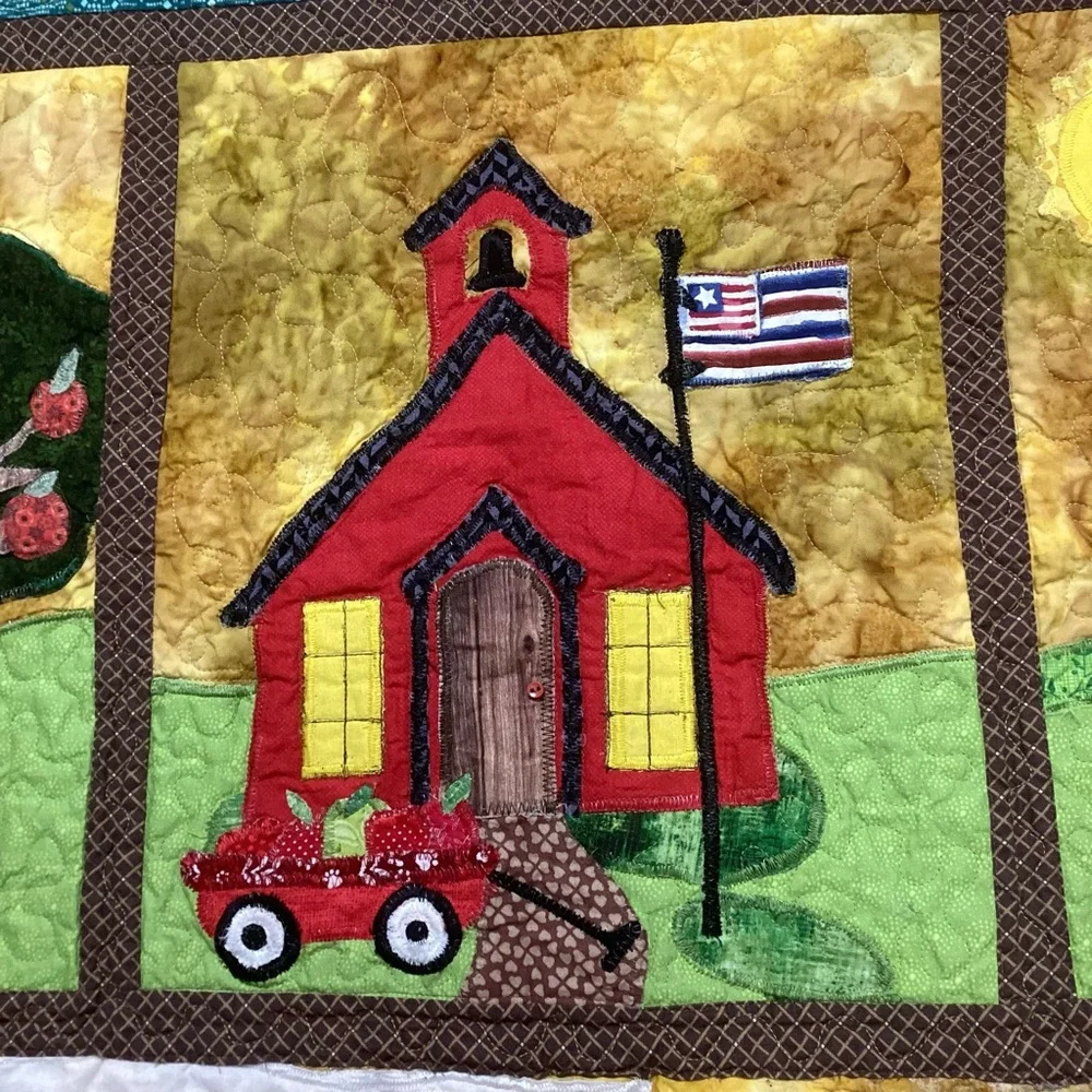 Hand Crafted Art Quilt Houses Schoolhouse Seasons 47”x55”
